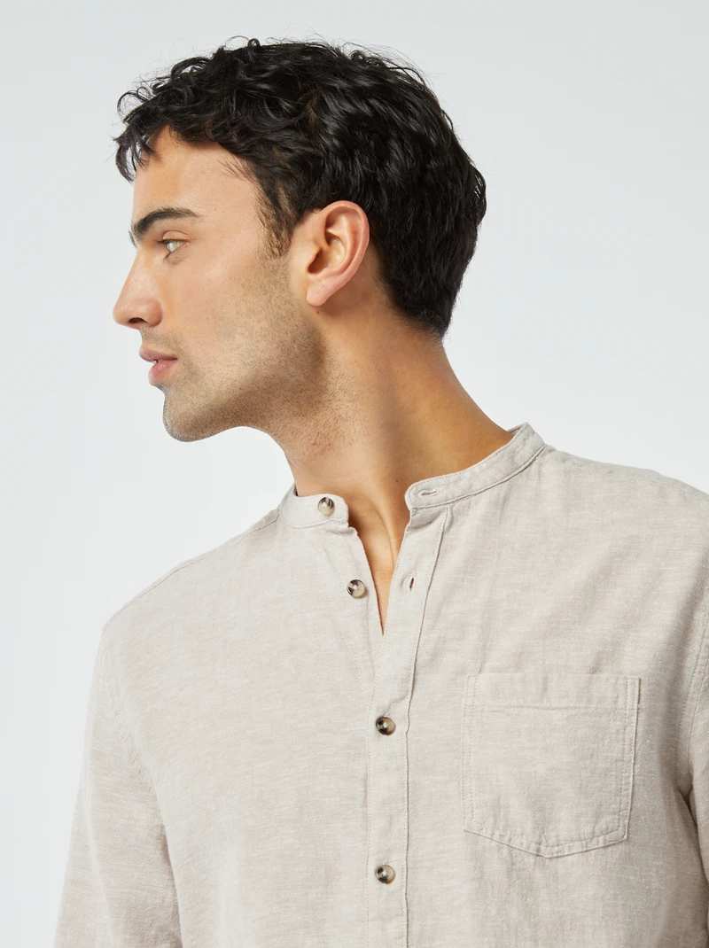 mao colar shirt with linen-beige-3